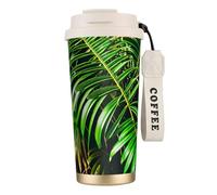 GaxfjRu Taza de café aislada con doble tapa con estampado de hojas verdes de palmera, 500 ml, vaso térmico de acero inoxidable 316 con popote