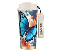 GaxfjRu Taza de café aislada con doble tapa con estampado de mariposa azul de 500 ml, vaso térmico de acero inoxidable 316 con popote
