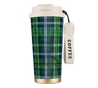 GaxfjRu Taza de café aislada con doble tapa con estampado de tartán escocés azul, 500 ml, vaso térmico de acero inoxidable 316 con popote