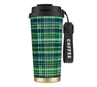 GaxfjRu Taza de café aislada con doble tapa con estampado de tartán escocés azul y verde, 500 ml, vaso térmico de acero inoxidable 316 con popote