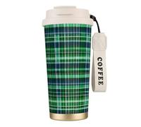 GaxfjRu Taza de café aislada con doble tapa con estampado de tartán escocés azul y verde, 500 ml, vaso térmico de acero inoxidable 316 con popote