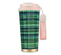 GaxfjRu Taza de café aislada con doble tapa con estampado de tartán escocés azul y verde, 500 ml, vaso térmico de acero inoxidable 316 con popote