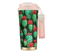 GaxfjRu Taza de café aislada con doble tapa y diseño de cactus pequeños, 500 ml, de acero inoxidable 316, capa interior, vaso térmico con pajita