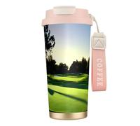 GaxfjRu Taza de café aislada con doble tapa y diseño de campo de golf, 500 ml, acero inoxidable 316, capa interior, vaso térmico con pajita