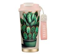 GaxfjRu Taza de café aislada de doble tapa con estampado artístico de cactus de 500 ml, vaso térmico de acero inoxidable 316 con popote