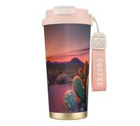 GaxfjRu Taza de café aislada de doble tapa con estampado de atardecer del desierto de cactus, 500 ml, vaso térmico de acero inoxidable 316 con popote