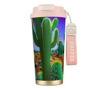 GaxfjRu Taza de café aislada de doble tapa con estampado de cactus y desierto, 500 ml, vaso térmico de acero inoxidable 316 con popote
