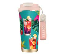 GaxfjRu Taza de café aislada de doble tapa con estampado de cócteles tropicales, 500 ml, vaso térmico de acero inoxidable 316 con popote
