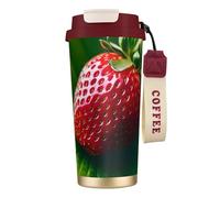 GaxfjRu Taza de café aislada de doble tapa con estampado de fresas de 500 ml, vaso térmico de acero inoxidable 316 con capa interior y pajita