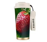GaxfjRu Taza de café aislada de doble tapa con estampado de fresas de 500 ml, vaso térmico de acero inoxidable 316 con capa interior y pajita