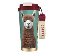 GaxfjRu Taza de café aislada de doble tapa con estampado de llama de alpaca de 500 ml, vaso térmico de acero inoxidable 316 con popote