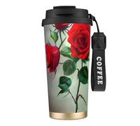 GaxfjRu Taza de café aislada de doble tapa con impresión de rosas rojas, 500 ml, vaso térmico de acero inoxidable 316 con popote