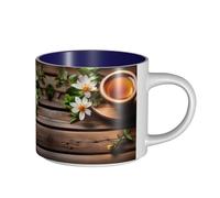 GaxfjRu Tazas de cerámica hechas a mano con estampado de flor verde azulado sobre tablones de madera, tazas de pared gruesas de gran capacidad, con mango en C para café, té y regalos