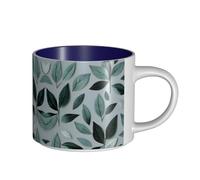 GaxfjRu Tazas de cerámica hechas a mano con estampado de hojas grises menta, tazas de pared gruesas de gran capacidad, con mango en C para café, té y regalos