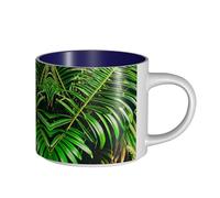 GaxfjRu Tazas de cerámica hechas a mano con estampado de hojas verdes de palmera, tazas de pared gruesas de gran capacidad, con mango en C para café, té y regalos