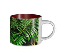 GaxfjRu Tazas de cerámica hechas a mano con estampado de hojas verdes de palmera, tazas de pared gruesas de gran capacidad, con mango en C para café, té y regalos