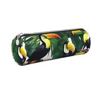 GaxfjRu Tucanes - Estuche redondo de piel sintética con diseño de hojas de loro, palmera, almacenamiento para bolígrafos, lápices, marcadores, suministros pequeños, cremallera de metal con piel