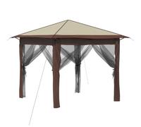 Gazebo 2.6x2.6 m con 4 Paredes Laterales Crema y Marrón | Poliéster 210D, acero con recubrimiento, altura ajustable, bolsa con ruedas, cuerdas y estacas