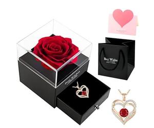 GAZIL Caja Regalo Rosa Real Preservada con Collar Te Amo, Flor Eterna Hecha a Mano y Bolsa de Regalo Lujo Mujer, Ideal para Aniversario, Cumpleaños y Día de San Valentín (para Novia, Esposa o Mamá)