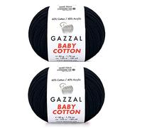 Gazzal Baby Cotton,60% Algodón 40% Acrílico 2 ovillos (madeja) Cada 1.7 oz (50 g) / 150 yardas (165 m) Suave, 2 - Hilo fino para bebé (3433 Negro)