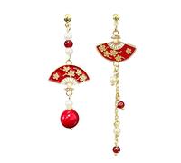 GBAHFY Pendientes de borla de abanico chino rojo para mujer, perlas sintéticas, cristal tradicional, étnico, fiesta, boda, festival, joyería, Grande, Metal, Sin piedra preciosa