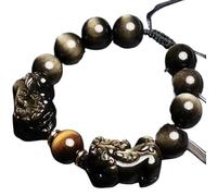 GBASDXU Pulsera Feng Shui de la riqueza, Obsidiana negra Dragón Pixiu Riqueza ajustable Talismán Reiki Cristal Chakra Cuarzo (Doble dorado, 12 mm)