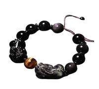 GBASDXU Pulsera Feng Shui de la riqueza, Obsidiana negra Dragón Pixiu Riqueza ajustable Talismán Reiki Cristal Chakra Cuarzo (doble negro, 12 mm)