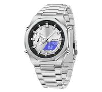 GBB Reloj analógico digital de cuarzo para hombre, multifuncional, de doble pantalla, impermeable, para negocios, trabajo casual, Plateado y blanco.