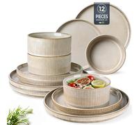 GBhome Juego de vajilla de cerámica para 4 personas, juego de platos y cuencos hechos a mano de esmalte reactivo, resistente a los arañazos, apto para lavavajillas y microondas, capuchino