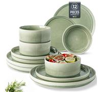 GBhome Juego de vajilla de cerámica para 4 personas, juego de platos y cuencos hechos a mano de esmalte reactivo, resistente a los arañazos, apto para lavavajillas y microondas, color verde silencioso