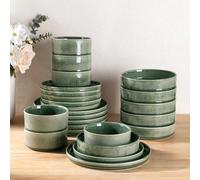 GBhome Juego de vajilla de cerámica para 6 personas, juego de platos y cuencos de pasta hechos a mano de esmalte reactivo de 24 piezas, resistente a los arañazos, apto para lavavajillas y microondas