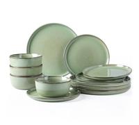 GBhome Juego de vajilla de gres para 4 personas, juego de 12 platos y cuencos hechos a mano en relieve, resistente a los arañazos, apto para lavavajillas y microondas, color verde pastel