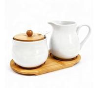 GBKDQQ Juego de leche y azúcar con tapa y cuchara, jarra de leche blanca de cerámica y azucarero con bandeja de madera, juego de azúcar para cocina, comedor, lavavajillas y microondas