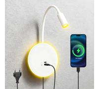 GBKDQQ Lámpara de lectura para cama, lámpara de pared LED, lámpara de cama con 2,1 A, carga USB tipo C y 2 interruptores, 3 W + 8 W, lámpara de cama regulable, cuello de cisne, lámpara de pared