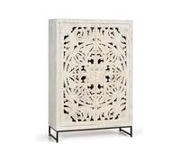 GC GINER & COLOMER Alacena Almacenaje - Aparador de Madera de Mango - Mueble con 2 Puertas Talladas a Mano y Base de Hierro - Acabado Blanco Envejecido - 160 x 110 x 40 cm - Colección Mykonos