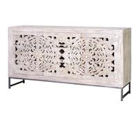 GC GINER & COLOMER Aparador de Madera de Mango - 3 Cajones y 2 Puertas Talladas - Mueble de Almacenaje - Aparador Entrada - Mueble de Salón - 80 x 150 x 38 cm - Colección Mykonos