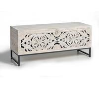 GC GINER & COLOMER Baúl de Madera de Mango con Base de Metal - Cofre de Almacenaje Blanco Envejecido 50 x 116 x 40 cm - Colección Mykonos