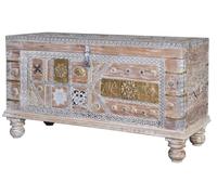 GC GINER & COLOMER Baúl de Madera de Mango Estilo Étnico con Detalles en Bronce - Cofre de Almacenaje Blanco Envejecido 57 x 100 x 40 cm