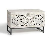 GC GINER & COLOMER Baúl de Madera de Mango Tallado a Mano con Base de Metal - Cofre de Almacenaje Blanco Envejecido 50 x 80 x 40 cm - Colección Mykonos