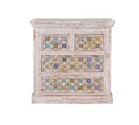 GC GINER & COLOMER Cómoda de Dormitorio - Mueble para Ropa de Madera de Mango - Sinfonier con 4 Cajones - Detalles en Azulejo y Bronce - Blanco Envejecido - 90 x 90 x 40 cm - Colección Bakhra