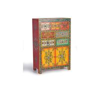 GC GINER & COLOMER Cómoda de Dormitorio - Mueble para Ropa de Madera de Mango - Sinfonier con 7 Cajones y 2 Puertas - Motivos Étnicos Pintados a Mano - 122 x 80 x 40 cm