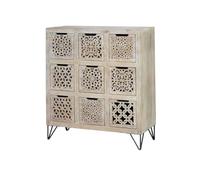 GC GINER & COLOMER Cómoda de Dormitorio - Mueble para Ropa de Madera de Mango - Sinfonier con 9 Cajones Tallados - Patas de Hierro - Blanco Envejecido - 102 x 88 x 38 cm