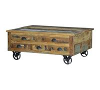 GC GINER & COLOMER Mesa de Centro con 5 Cajones y Tapa Abatible - Madera Reciclada Multicolor con Ruedas de Hierro - 42 x 110 x 70 cm - Colección Verrier