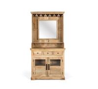 GC GINER & COLOMER Mueble Bar - Botellero de Madera de Mango - Mueble Bar de Salón con Espejo, 3 Cajones y 2 Puertas con Vidrio - Mini Bar de Acabado Natural - 190 x 98 x 45 cm