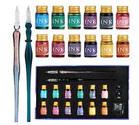 GC Pluma de Cristal-2 bolígrafos de pluma de Cristal 12 tintas multicolores 1 portalápices 1 taza de limpieza-para firmas, caligrafía, escritura, decoración, regalo GC-16