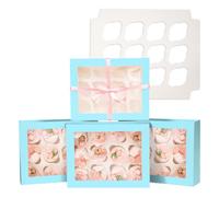Gcardist 12 cajas automáticas para cupcakes con ventana de luz azul, 6 unidades, 33 x 25,4 x 9 cm, cajas de panadería para cupcakes, contenedores para cupcakes (13 x 10 x 3,5 pulgadas)