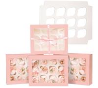 Gcardist Cajas para Cupcakes Automáticas Con Ventana Rosa - 12 Unidades, 33 x 25,4 x 9 cm - Contenedores de Panadería para Portacupcakes