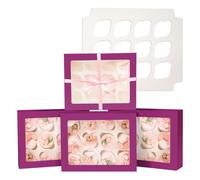 Gcardist Cajas para Cupcakes con Ventana Ventana Automática, 6 Cajas de Pastelería Púrpura Oscuro para 12 Cupcakes, Contenedores para Cupcakes, 33 x 25,4 x 9 cm