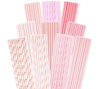 Gcardist Pajitas de papel rosa, paquete de 150 pajitas desechables a granel (10 patrones)