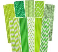 Gcardist Pajitas de papel verde para beber Pajitas desechables verdes, 150 unidades, pajitas desechables en paquete a granel (10 patrones)
